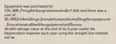 Equipment was purchased for 150,000. Freight charges amounted to7,000 and there was a cost of 20,000 for building a foundation and installing the equipment. It is estimated that the equipment will have a30,000 salvage value at the end of its 5-year useful life. Depreciation expense each year using the straight-line method will be