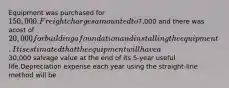 Equipment was purchased for 150,000. Freight charges amounted to7,000 and there was acost of 20,000 for building a foundation and installing the equipment. It is estimated thatthe equipment will have a30,000 salvage value at the end of its 5-year useful life.Depreciation expense each year using the straight-line method will be