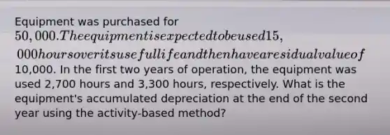 Equipment was purchased for 50,000. The equipment is expected to be used 15,000 hours over its useful life and then have a residual value of10,000. In the first two years of operation, the equipment was used 2,700 hours and 3,300 hours, respectively. What is the equipment's accumulated depreciation at the end of the second year using the activity-based method?