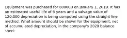 Equipment was purchased for 800000 on January 1, 2019. It has an estimated useful life of 8 years and a salvage value of 120,000 depreciation is being computed using the straight line method. What amount should be shown for the equipment, net of accumulated depreciation, in the company's 2020 balance sheet