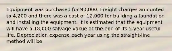 Equipment was purchased for 90,000. Freight charges amounted to 4,200 and there was a cost of 12,000 for building a foundation and installing the equipment. It is estimated that the equipment will have a 18,000 salvage vakue at the end of its 5-year useful life. Depreciation expense each year using the straight-line method will be