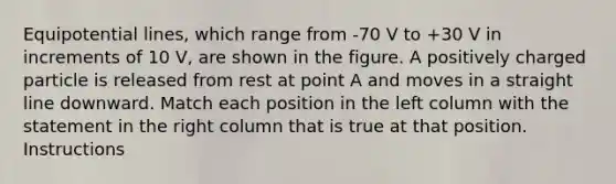 Equipotential lines, which range from -70 V to +30 V in increments of 10 V, are shown in the figure. A positively charged particle is released from rest at point A and moves in a straight line downward. Match each position in the left column with the statement in the right column that is true at that position. Instructions