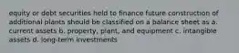 equity or debt securities held to finance future construction of additional plants should be classified on a balance sheet as a. current assets b. property, plant, and equipment c. intangible assets d. long-term investments