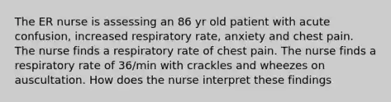 The ER nurse is assessing an 86 yr old patient with acute confusion, increased respiratory rate, anxiety and chest pain. The nurse finds a respiratory rate of chest pain. The nurse finds a respiratory rate of 36/min with crackles and wheezes on auscultation. How does the nurse interpret these findings