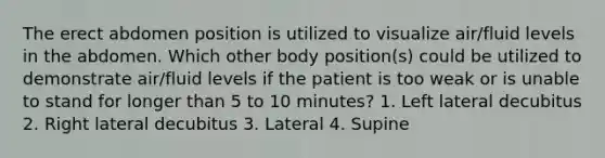 The erect abdomen position is utilized to visualize air/fluid levels in the abdomen. Which other body position(s) could be utilized to demonstrate air/fluid levels if the patient is too weak or is unable to stand for longer than 5 to 10 minutes? 1. Left lateral decubitus 2. Right lateral decubitus 3. Lateral 4. Supine