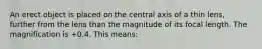 An erect object is placed on the central axis of a thin lens, further from the lens than the magnitude of its focal length. The magnification is +0.4. This means: