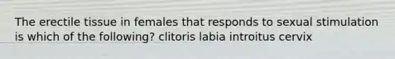 The erectile tissue in females that responds to sexual stimulation is which of the following? clitoris labia introitus cervix
