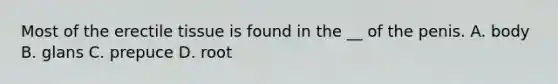 Most of the erectile tissue is found in the __ of the penis. A. body B. glans C. prepuce D. root