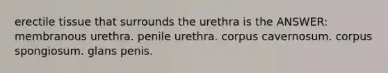 erectile tissue that surrounds the urethra is the ANSWER: membranous urethra. penile urethra. corpus cavernosum. corpus spongiosum. glans penis.