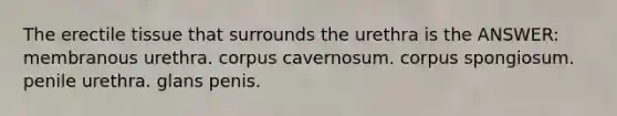 The erectile tissue that surrounds the urethra is the ANSWER: membranous urethra. corpus cavernosum. corpus spongiosum. penile urethra. glans penis.