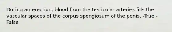 During an erection, blood from the testicular arteries fills the vascular spaces of the corpus spongiosum of the penis. -True -False