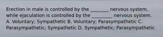 Erection in male is controlled by the ________ nervous system, while ejaculation is controlled by the _________ nervous system. A. Voluntary; Sympathetic B. Voluntary; Parasympathetic C. Parasympathetic; Sympathetic D. Sympathetic; Parasympathetic