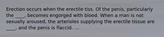 Erection occurs when the erectile tiss. Of the penis, particularly the ____, becomes engorged with blood. When a man is not sexually aroused, the arterioles supplying the erectile tissue are ____, and the penis is flaccid. ...