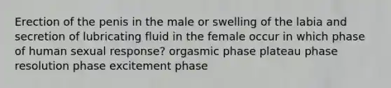 Erection of the penis in the male or swelling of the labia and secretion of lubricating fluid in the female occur in which phase of human sexual response? orgasmic phase plateau phase resolution phase excitement phase