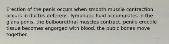 Erection of the penis occurs when smooth muscle contraction occurs in ductus deferens. lymphatic fluid accumulates in the glans penis. the bulbourethral muscles contract. penile erectile tissue becomes engorged with blood. the pubic bones move together.