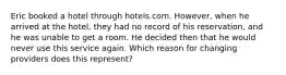 Eric booked a hotel through hotels.com. However, when he arrived at the hotel, they had no record of his reservation, and he was unable to get a room. He decided then that he would never use this service again. Which reason for changing providers does this represent?