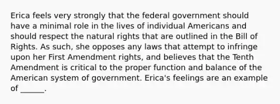 Erica feels very strongly that the federal government should have a minimal role in the lives of individual Americans and should respect the natural rights that are outlined in the Bill of Rights. As such, she opposes any laws that attempt to infringe upon her First Amendment rights, and believes that the Tenth Amendment is critical to the proper function and balance of the American system of government. Erica's feelings are an example of ______.