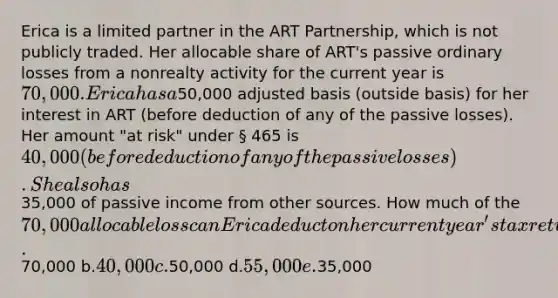 Erica is a limited partner in the ART Partnership, which is not publicly traded. Her allocable share of ART's passive ordinary losses from a nonrealty activity for the current year is 70,000. Erica has a50,000 adjusted basis (outside basis) for her interest in ART (before deduction of any of the passive losses). Her amount "at risk" under § 465 is 40,000 (before deduction of any of the passive losses). She also has35,000 of passive income from other sources. How much of the 70,000 allocable loss can Erica deduct on her current year's tax return? a.70,000 b.40,000 c.50,000 d.55,000 e.35,000