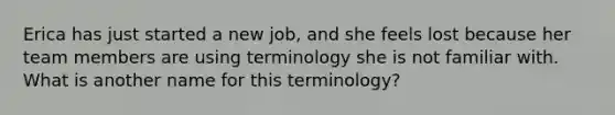 Erica has just started a new job, and she feels lost because her team members are using terminology she is not familiar with. What is another name for this terminology?