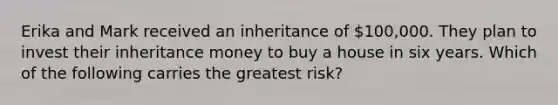 Erika and Mark received an inheritance of 100,000. They plan to invest their inheritance money to buy a house in six years. Which of the following carries the greatest risk?