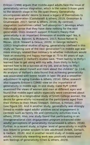 Erikson (1968) argues that middle-aged adults face the issue of generativity versus stagnation, which is the name Erikson gave to the seventh stage in his life-span theory. Generativity encompasses adults' desire to leave a legacy of themselves to the next generation (Castalanelli & others, 2019; Grossman & Gruenewald, 2017; Serrat & others, 2018). By contrast, stagnation (sometimes called "self-absorption") develops when individuals sense that they have done nothing for the next generation. Does research support Erikson's theory that generativity is an important dimension of middle age? Yes, it does (Dunlop, Bannon, & McAdams, 2017; Russo-Netzer & Moran, 2018; Stewart & Deaux, 2019). In George Vaillant's (2002) longitudinal studies of aging, generativity (defined in this study as "taking care of the next generation") in middle age was more strongly related than intimacy to whether individuals would have an enduring and happy marriage at 75 to 80 years of age. One participant in Vaillant's studies said, "From twenty to thirty I learned how to get along with my wife. From thirty to forty I learned how to be a success at my job, and at forty to fifty I worried less about myself and more about the children" (p. 114). An analysis of Vaillant's data found that achieving generativity was associated with better health in later life and a smoother adjustment to aging (Landes & others, 2014). Other research also supports Erikson's (1968) view on the importance of generativity in middle age. In one study, Carol Ryff (1984) examined the views of women and men at different ages and found that middle-aged adults especially were concerned about generativity. In a longitudinal study of Smith College women, the desire for generativity increased as the participants aged from their thirties to their fifties (Stewart, Ostrove, & Helson, 2001) (see Figure 10). And in another study, generativity was strongly linked to middle-aged adults' positive social engagement in contexts such as family life and community activities (Cox & others, 2010). Also, one study found that participating in an intergenerational civic engagement program enhanced older adults' perceptions of generativity (Gruenewald & others, 2016). Further, in a recent study, a higher level of generativity in midlife was linked to greater wisdom in late adulthood (Ardelt, Gerlach, & Vaillant, 2018). And in another recent study of middle-aged adults, intrinsically rewarding work was positively associated with feelings of generativity (Chen & others, 2019).