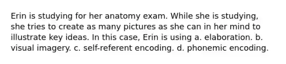 Erin is studying for her anatomy exam. While she is studying, she tries to create as many pictures as she can in her mind to illustrate key ideas. In this case, Erin is using a. elaboration. b. visual imagery. c. self-referent encoding. d. phonemic encoding.