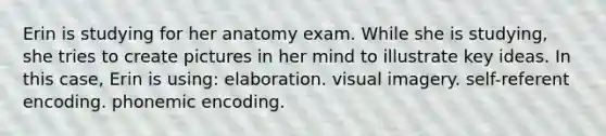 Erin is studying for her anatomy exam. While she is studying, she tries to create pictures in her mind to illustrate key ideas. In this case, Erin is using​: ​elaboration. visual imagery.​ self-referent encoding.​ phonemic encoding.​