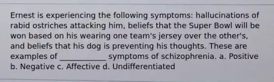 Ernest is experiencing the following symptoms: hallucinations of rabid ostriches attacking him, beliefs that the Super Bowl will be won based on his wearing one team's jersey over the other's, and beliefs that his dog is preventing his thoughts. These are examples of ____________ symptoms of schizophrenia. a. Positive b. Negative c. Affective d. Undifferentiated