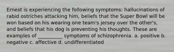 Ernest is experiencing the following symptoms: hallucinations of rabid ostriches attacking him, beliefs that the Super Bowl will be won based on his wearing one team's jersey over the other's, and beliefs that his dog is preventing his thoughts. These are examples of __________ symptoms of schizophrenia. a. positive b. negative c. affective d. undifferentiated