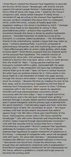 * Ernst Munch created the Pressure Flow Hypothesis to describe the function of this tissue * Strasburger cells directly aid and support this tissue's proper function * hydrostatic pressure to force a flow of solute into sugar sinks. * aided by this tissue's companion cells, whose active transport of solute drives movement of sap according to the pressure flow hypothesis. * vascular cambium separates this tissue from its counterpart, which, unlike this tissue, consists of mostly dead cells. * Apoplastic loading in this tissue is facilitated by SUC2. * Damage to this tissue leads to the deposition of callose in their plasmodesmata plates * pressure flow hypothesis, bulk movement through this tissue is driven by positive hydrostatic pressure, * localized movement of solute occurs by active transport, in a process called translocation. * lies immediately interior to the sclerenchyma, outside a tissue that may make up wood. * contains photosynthate, is primarily composed of parenchymous companion cells and conducting sieve-tube cells. * loses effectiveness after an action called girdling, which leads to tissue death * Ernst Munch proposed that this material works via the pressure flow hypothesis. This material consists of parenchymal, sieve-tube, and companion cells * trees, this material is found in the inner bark, which is why its name derives from the Greek for "bark." * living vascular material that transports nutrients within a plant, contrasted with the water-carrying xylem. * two component cell types has endoplasmic reticula lined up at its side. * does not have a nucleus because the other type can produce proteins for it * Extra solute in this tissue leads to a net movement of matter into sugar sources through this tissue's sieve plates * uses loading and unloading to move its contents. * Beavers kill trees by chewing this part of the bark away, and its functioning is regulated by the bulk flow of materials via [*] translocation, from sources to sinks * Ordinary companion cells in this tissue collect solutes by apoplastic transfers and have plasmodesmata connections almost exclusively with the sieve tubes. * layer is wedged behind the sclerenchyma, and is the last layer removed when girdling * ovement through it usually utilizes positive hydrostatic pressures and (*) active transports, and the primary type is derived from the apical meristem. * translocating sugars and food, name this innermost layer of bark, the counterpart of xylem. * this tissue contains cells that secrete phenol derivatives that defend against fungi * Van Bel offers a three-part classification of this tissue. Gymnosperms contain cells in this tissue named for Strasburger * cells with extra ribosomes and mitochondria, many of which collect material through plasmodesmata connection * cells with few vacuoles and no nucleus that form a channel terminated by a sieve plate * Munch's pressure flow hypothesis addresses its transport mechanism. * Ernst Munch used the pressure flow hypothesis to explain movement of substances in this tissue. * composed of companion cells, which aid elongated cells with nuclei, the sieve-tube members. * plasmodesmata mediates the diffusion via the symplastic pathway in this tissue. * Specialized cells found here include the albuminous cells, though they are replaced by companion cells in angiosperms * Ernst Munch hypothesized a mechanism for the translocation for this tissue, wherein a gradient is created and turgor pressure becomes the primary actor