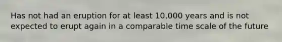 Has not had an eruption for at least 10,000 years and is not expected to erupt again in a comparable time scale of the future