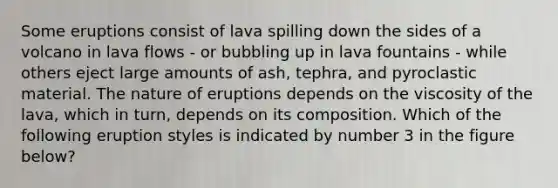 Some eruptions consist of lava spilling down the sides of a volcano in lava flows - or bubbling up in lava fountains - while others eject large amounts of ash, tephra, and pyroclastic material. The nature of eruptions depends on the viscosity of the lava, which in turn, depends on its composition. Which of the following eruption styles is indicated by number 3 in the figure below?