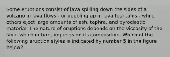 Some eruptions consist of lava spilling down the sides of a volcano in lava flows - or bubbling up in lava fountains - while others eject large amounts of ash, tephra, and pyroclastic material. The nature of eruptions depends on the viscosity of the lava, which in turn, depends on its composition. Which of the following eruption styles is indicated by number 5 in the figure below?