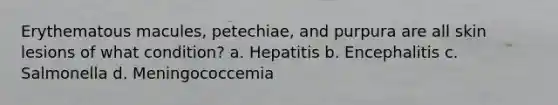 Erythematous macules, petechiae, and purpura are all skin lesions of what condition? a. Hepatitis b. Encephalitis c. Salmonella d. Meningococcemia