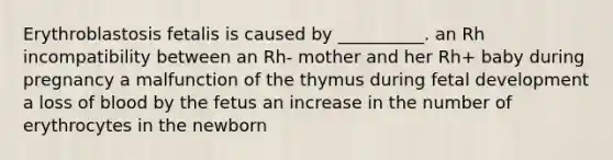 Erythroblastosis fetalis is caused by __________. an Rh incompatibility between an Rh- mother and her Rh+ baby during pregnancy a malfunction of the thymus during fetal development a loss of blood by the fetus an increase in the number of erythrocytes in the newborn