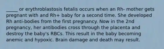 _____ or erythroblastosis fetalis occurs when an Rh- mother gets pregnant with and Rh+ baby for a second time. She developed Rh anti-bodies from the first pregnancy. Now in the 2nd pregnancy, her antibodies cross through the placenta and destroy the baby's RBCs. This result in the baby becoming anemic and hypoxic. Brain damage and death may result.