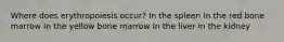 Where does erythropoiesis occur? In the spleen In the red bone marrow In the yellow bone marrow In the liver In the kidney