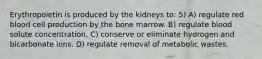 Erythropoietin is produced by the kidneys to: 5) A) regulate red blood cell production by the bone marrow. B) regulate blood solute concentration. C) conserve or eliminate hydrogen and bicarbonate ions. D) regulate removal of metabolic wastes.