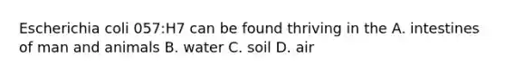 Escherichia coli 057:H7 can be found thriving in the A. intestines of man and animals B. water C. soil D. air