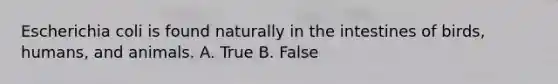 Escherichia coli is found naturally in the intestines of birds, humans, and animals. A. True B. False