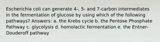 Escherichia coli can generate 4-, 5- and 7-carbon intermediates in the fermentation of glucose by using which of the following pathways? Answers: a. the Krebs cycle b. the Pentose Phosphate Pathway c. glycolysis d. homolactic fermentation e. the Entner-Douderoff pathway