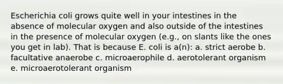 Escherichia coli grows quite well in your intestines in the absence of molecular oxygen and also outside of the intestines in the presence of molecular oxygen (e.g., on slants like the ones you get in lab). That is because E. coli is a(n): a. strict aerobe b. facultative anaerobe c. microaerophile d. aerotolerant organism e. microaerotolerant organism