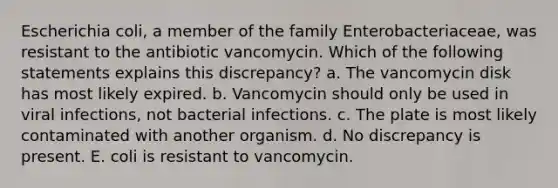 Escherichia coli, a member of the family Enterobacteriaceae, was resistant to the antibiotic vancomycin. Which of the following statements explains this discrepancy? a. The vancomycin disk has most likely expired. b. Vancomycin should only be used in viral infections, not bacterial infections. c. The plate is most likely contaminated with another organism. d. No discrepancy is present. E. coli is resistant to vancomycin.