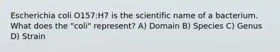 Escherichia coli O157:H7 is the scientific name of a bacterium. What does the "coli" represent? A) Domain B) Species C) Genus D) Strain