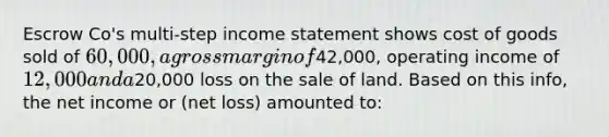 Escrow Co's multi-step income statement shows cost of goods sold of 60,000, a gross margin of42,000, operating income of 12,000 and a20,000 loss on the sale of land. Based on this info, the net income or (net loss) amounted to: