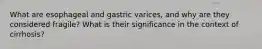 What are esophageal and gastric varices, and why are they considered fragile? What is their significance in the context of cirrhosis?