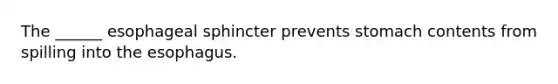 The ______ esophageal sphincter prevents stomach contents from spilling into the esophagus.