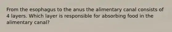 From <a href='https://www.questionai.com/knowledge/kSjVhaa9qF-the-esophagus' class='anchor-knowledge'>the esophagus</a> to the anus the alimentary canal consists of 4 layers. Which layer is responsible for absorbing food in the alimentary canal?