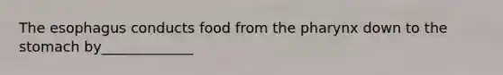 <a href='https://www.questionai.com/knowledge/kSjVhaa9qF-the-esophagus' class='anchor-knowledge'>the esophagus</a> conducts food from <a href='https://www.questionai.com/knowledge/ktW97n6hGJ-the-pharynx' class='anchor-knowledge'>the pharynx</a> down to the stomach by_____________