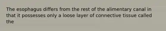 The esophagus differs from the rest of the alimentary canal in that it possesses only a loose layer of connective tissue called the
